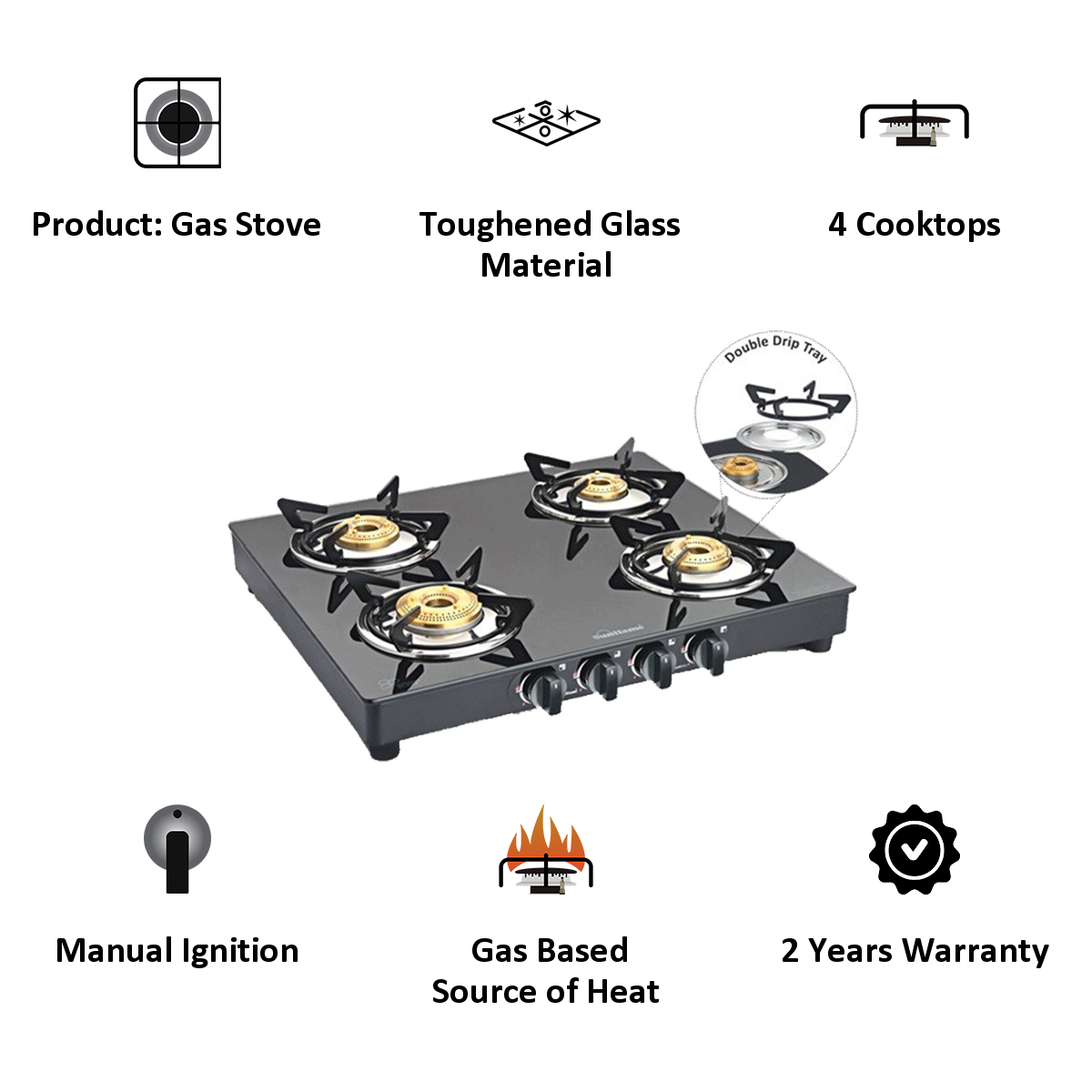 Buy Sunflame PRIME 4B BK Toughened Glass Top 4 Burner Manual Gas Stove